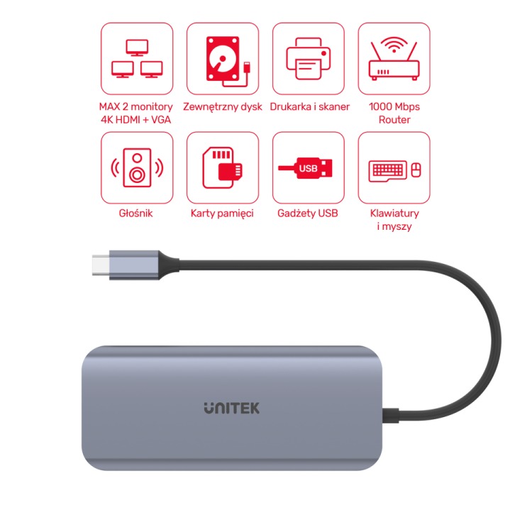 Unitek Hub USB-C 3xUSB 3.1 PD HDMI SD VGA RJ45-1450172