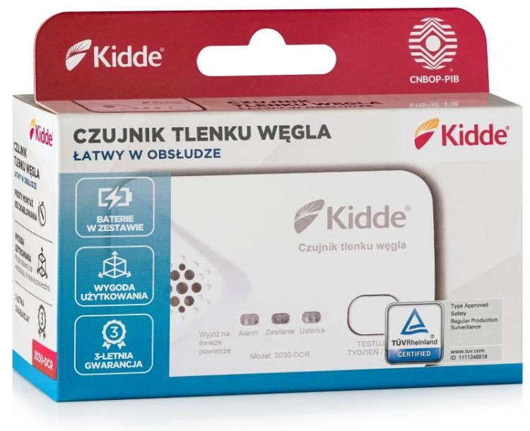 Kidde 2030-DCR – bateryjny czujnik tlenku węgla, widok na opakowanie z przodu
