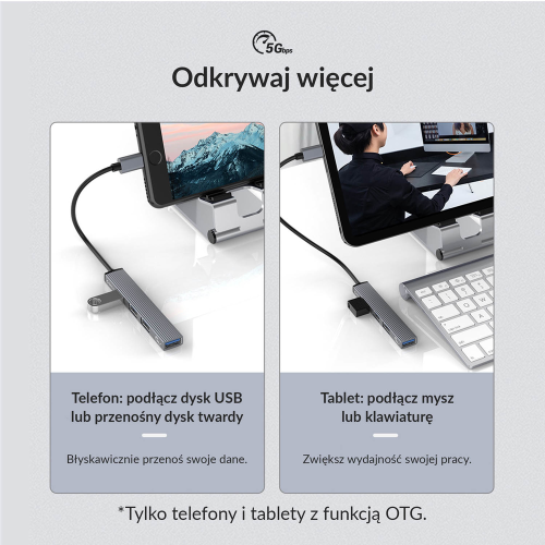 Orico Hub USB-C, USB-A 5Gbps, 3*USB-A 2.0, aluminiowy-1783080