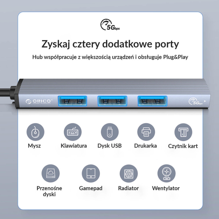 Orico Hub USB-C, USB-A 5Gbps, 3*USB-A 2.0, aluminiowy-1783091