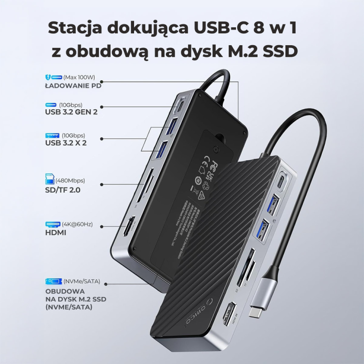 Orico Stacja dokująca USB-C z obudową na dysk M.2, 10 Gbps, HDMI 4K 60Hz-1808313