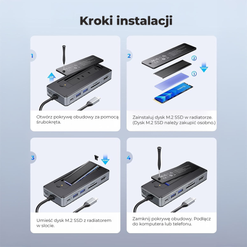 Orico Stacja dokująca USB-C z obudową na dysk M.2, 10 Gbps, HDMI 4K 60Hz-1808318