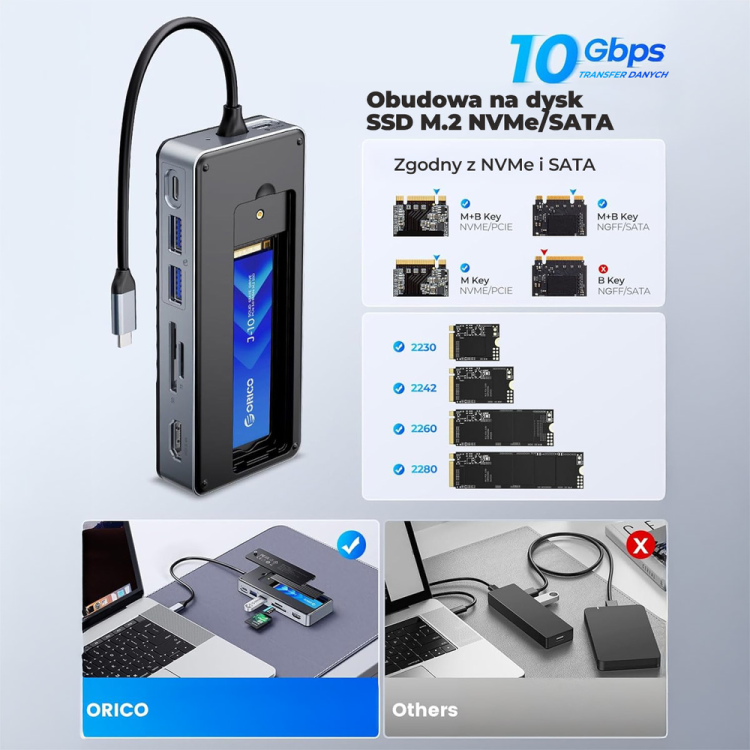Orico Stacja dokująca USB-C z obudową na dysk M.2, 10 Gbps, HDMI 4K 60Hz-1808314