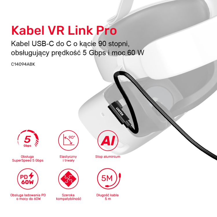 Unitek Kabel VR Link Pro USB-C do C obsługuje 5Gps i 60W-1787667
