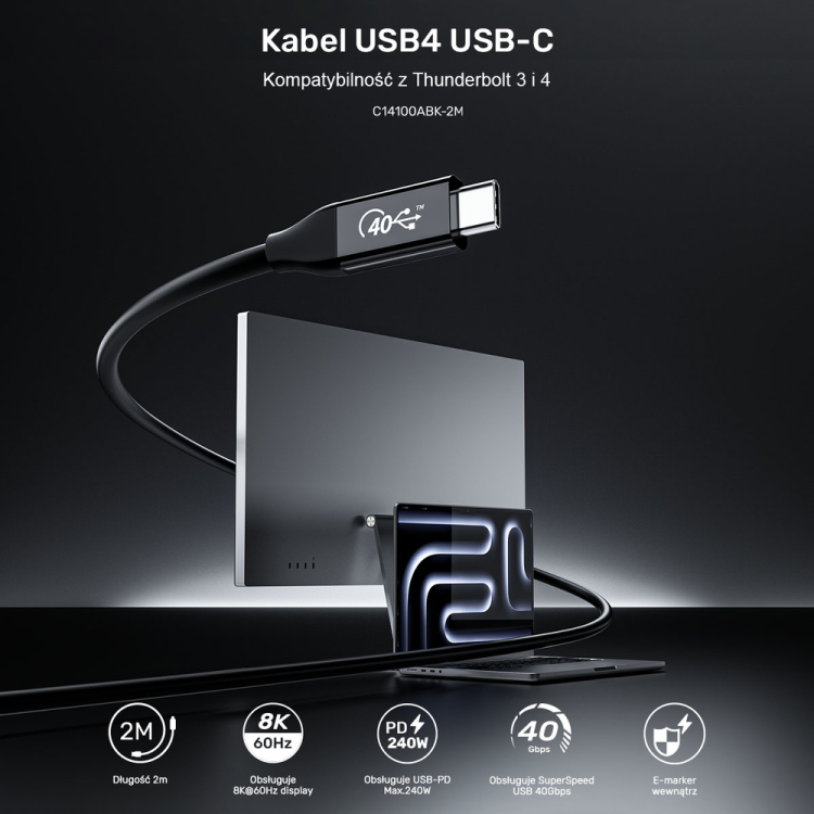 Unitek przewód USB-C 4.0 PD 100W 40 Gbps 8K 2 m-1807835