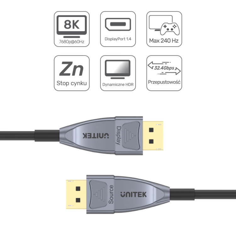 Unitek kabel optyczny DisplayPort 1.4 AOC 8K 5m-1632708