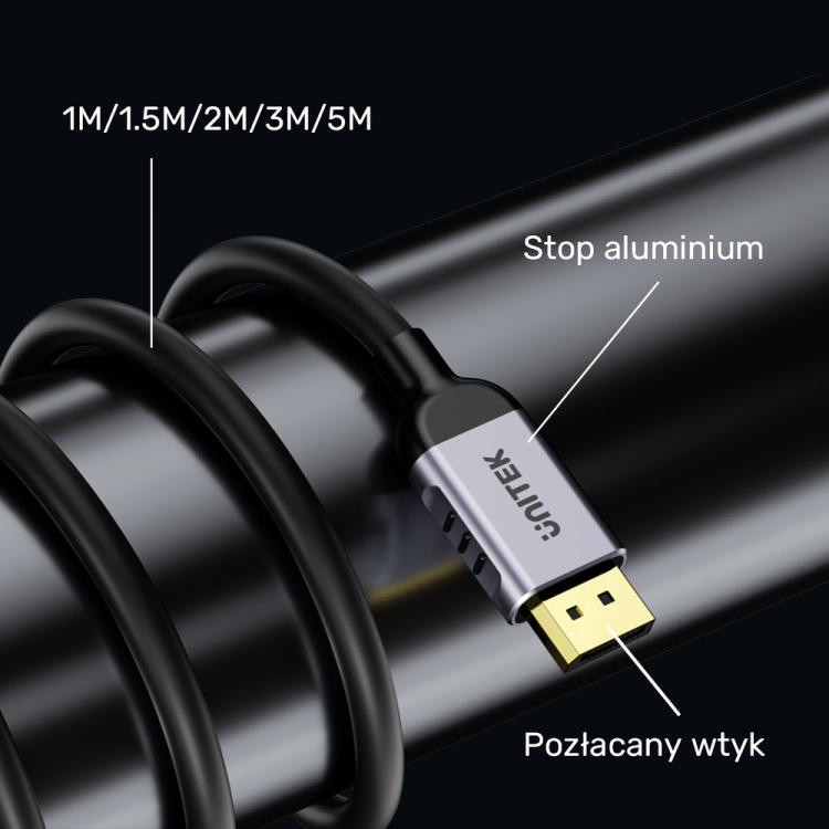Unitek kabel DisplayPort 1.4 8k 60hz, 4k 240hz, HDR, HDCP 2.3, DSC 1.2, 1m-1783310