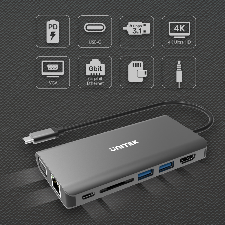 Unitek Hub USB-C 3.1 8w1 z Power Delivery 100W-1525418