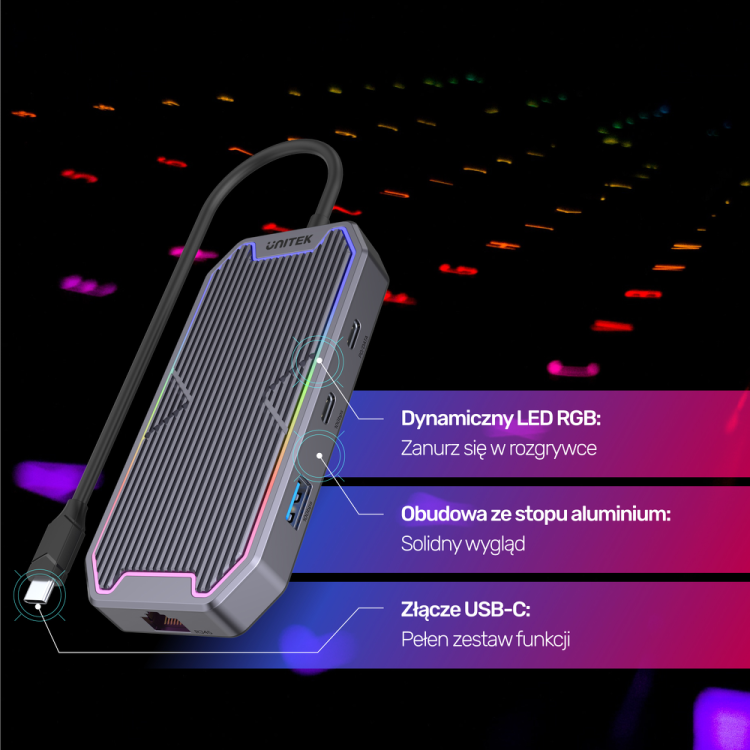 Unitek Hub USB-C HDMI RJ45 3,5mm audio 100W 10Gbps-1276959