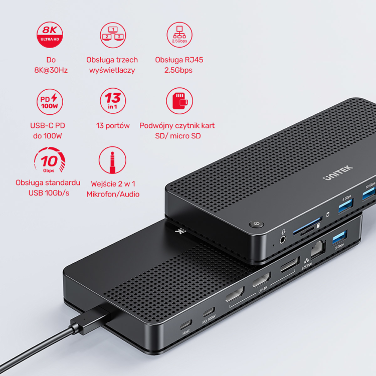 Unitek Stacja dokująca 13w1 MST HDMI DP 8K PD 100W-1781342