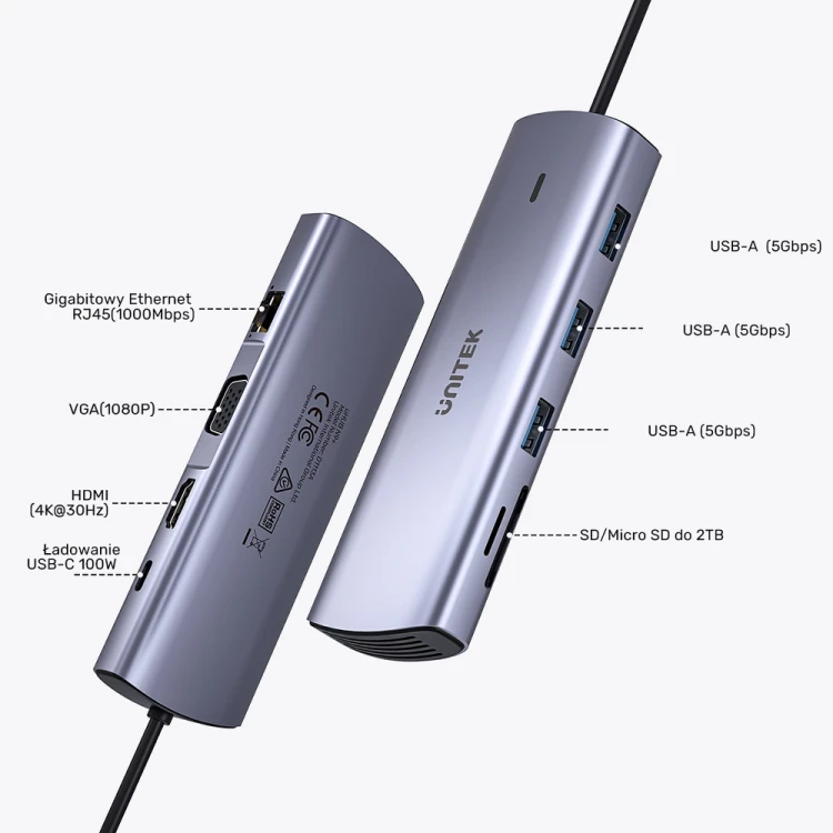 Unitek Hub 9w1 USB C Gigabit Ethernet HDMI VGA 3x USB A czytnik kart PD 100W-1782189