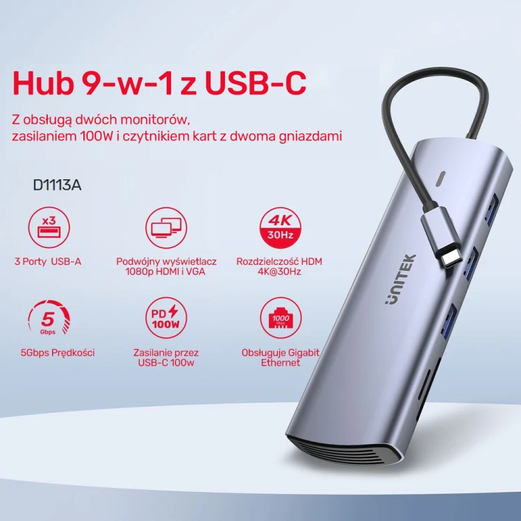 Unitek Hub 9w1 USB C Gigabit Ethernet HDMI VGA 3x USB A czytnik kart PD 100W-1782184