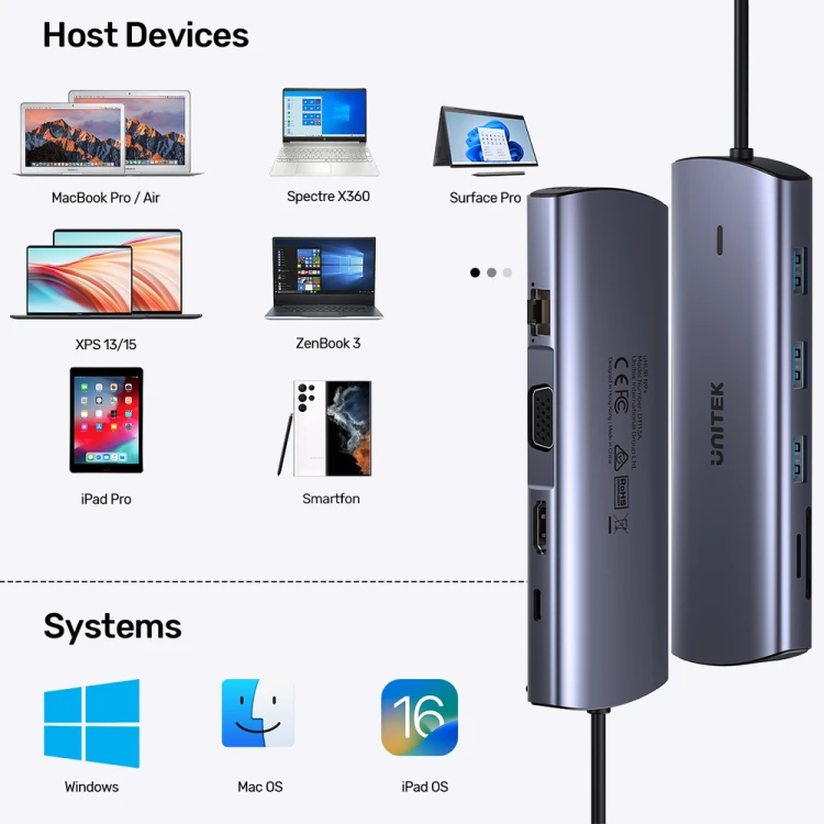 Unitek Hub 9w1 USB C Gigabit Ethernet HDMI VGA 3x USB A czytnik kart PD 100W-1782190