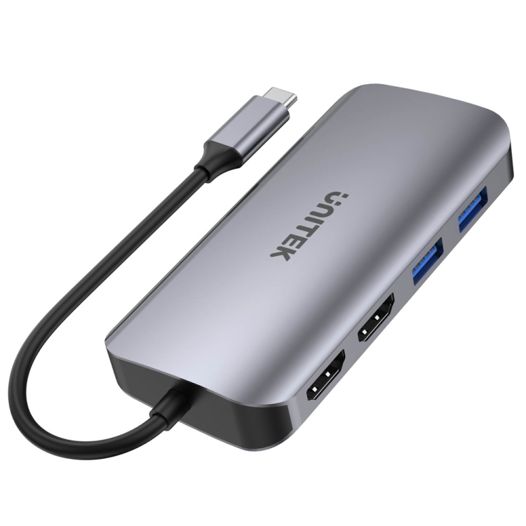 Unitek Aktywny hub USB-C 5Gbps, 2x HDMI 4K, czytnik kart, RJ-45, PD 100W-1781532