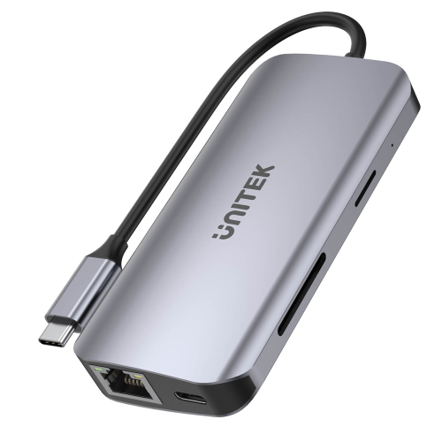 Unitek Aktywny hub USB-C 5Gbps, 2x HDMI 4K, czytnik kart, RJ-45, PD 100W-1781528