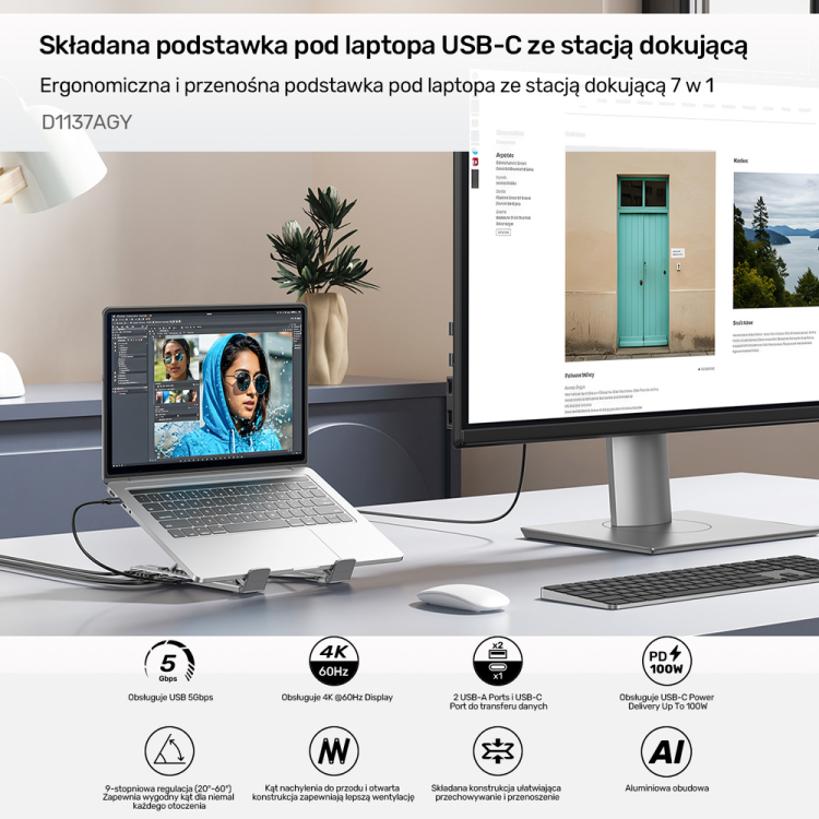 Unitek Podstawka regulowana pod laptop z hubem/HDMI/PD/SD-1807785