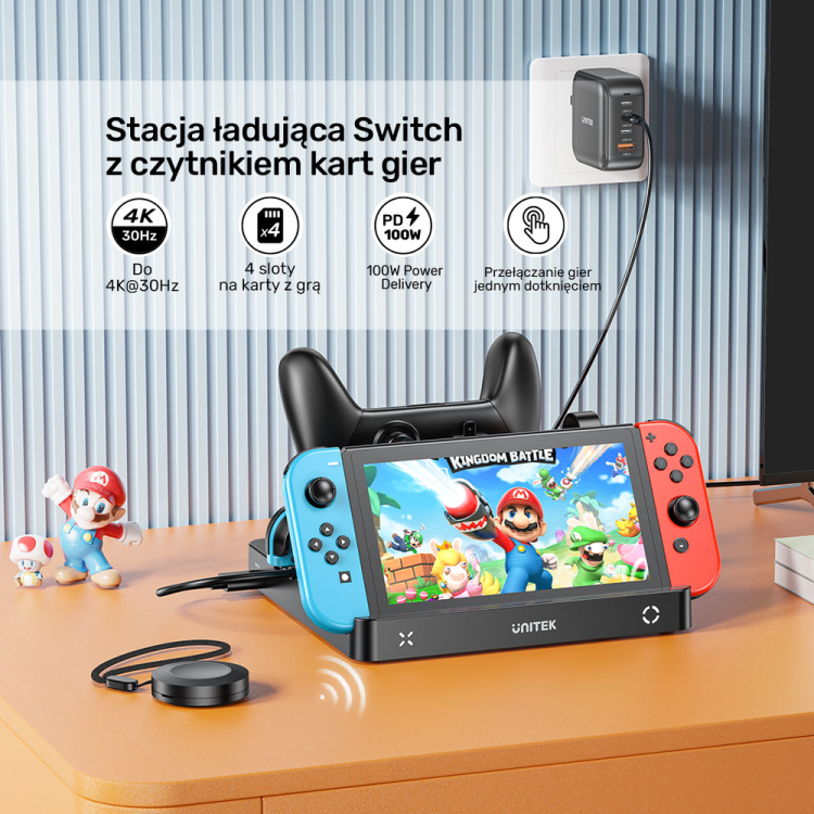 Unitek stacja ładująca Switch z przełącznikiem i czytnikiem kart do gier-1786030