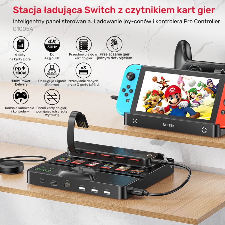 Unitek stacja ładująca Switch z przełącznikiem i czytnikiem kart do gier-1786029