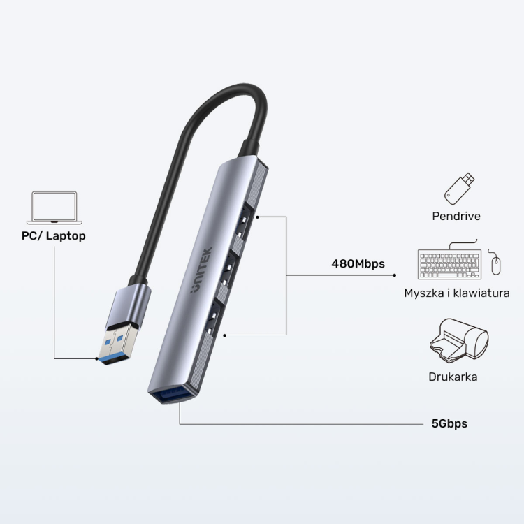 Unitek Hub USB-A 1*USB-A 5 Gbps, 3*USB-A 2.0 alu-1654613