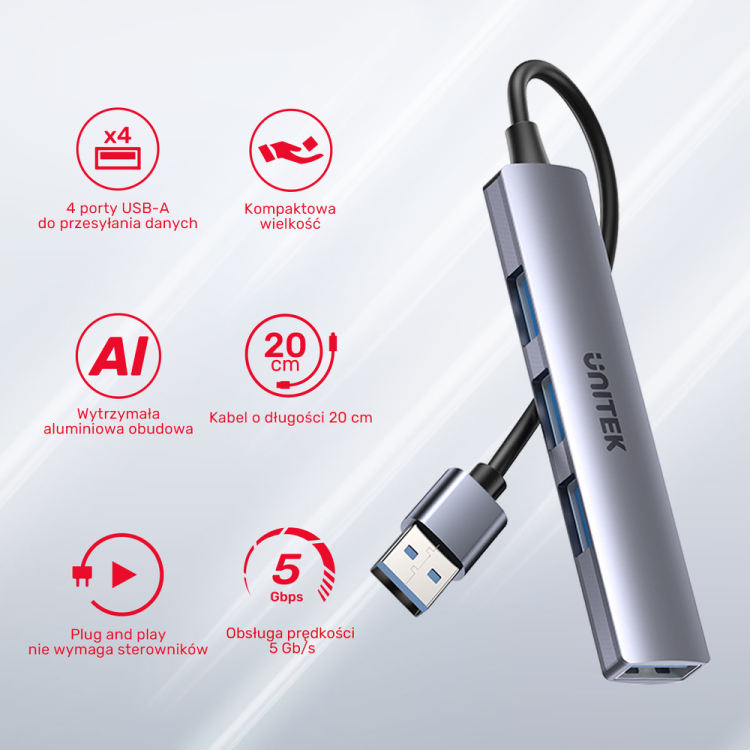 Unitek Hub USB-A 1*USB-A 5 Gbps, 3*USB-A 2.0 alu-1639275