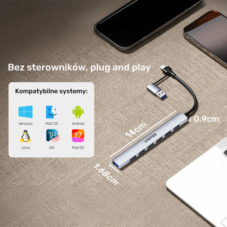Unitek Hub USB-A/C 7w1 USB A z adapterem USB A 5 Gbps-1785805