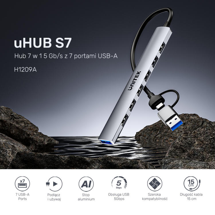 Unitek Hub USB-A/C 7w1 USB A z adapterem USB A 5 Gbps-1785800