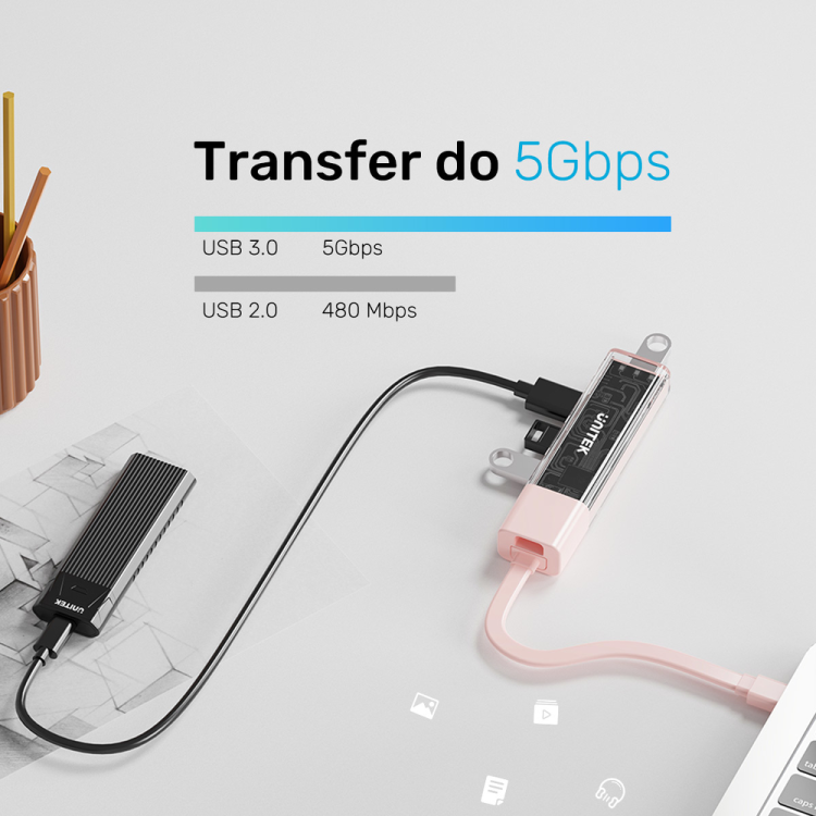 Unitek hub dwukierunkowy USB C/USB A 5Gbps, 4x USB A różowy-1783356