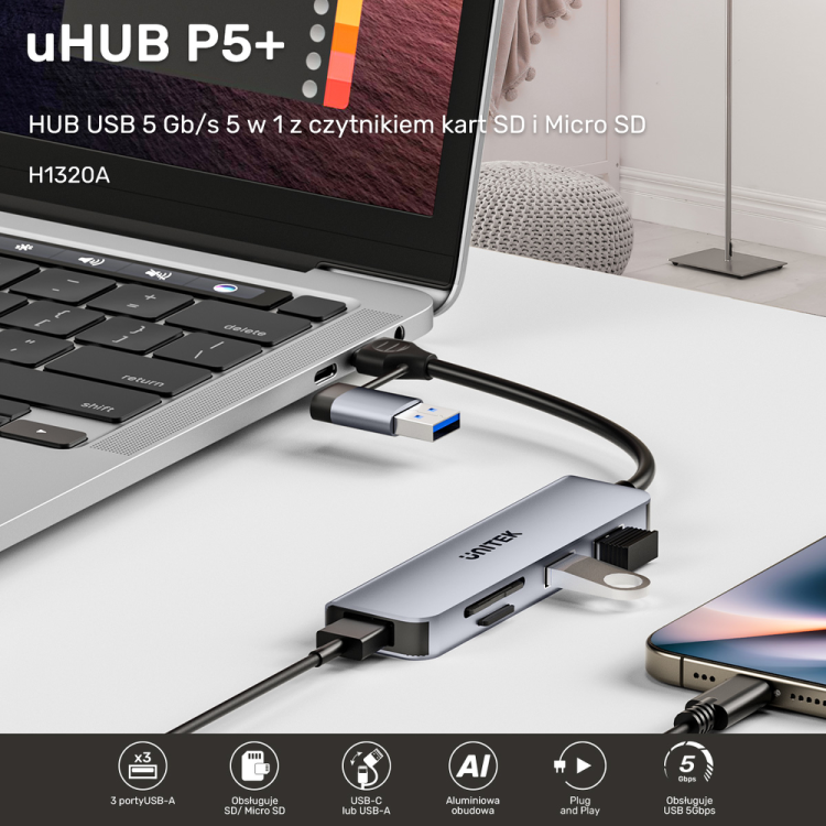 Unitek Hub 5w1 USB-A/C 5 Gbps z czytnikiem kart SD i micro SD-1784361