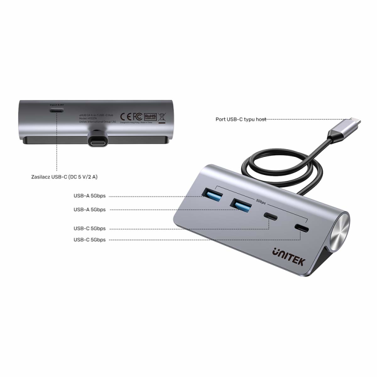 Unitek Hub alumininiowy USB-A/USB-C z 4 portami 5Gbps-1808060