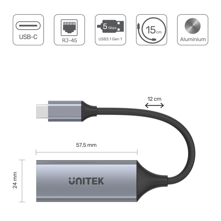 Unitek Adapter USB-C 3.1 Gen 1 - RJ45 1000 Mbps-1632548