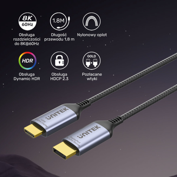 Unitek Kabel DisplayPort 1.4 do HDMI 2.1, 8K, 1,8m-1781776
