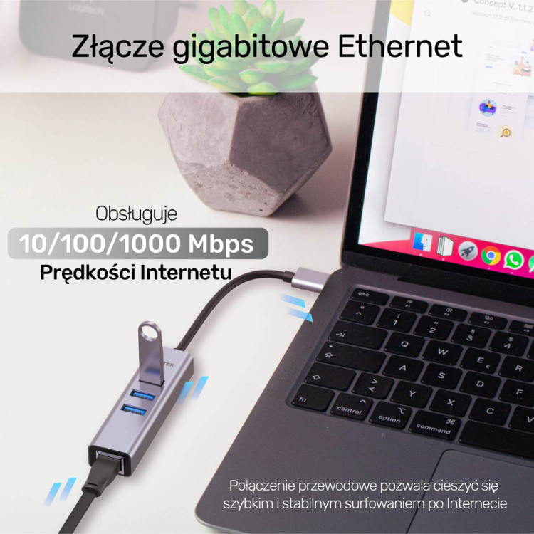 Unitek Hub USB C 4w1 Ethernet 3 x USB A 5 Gbps z adapterem USB A-1783399