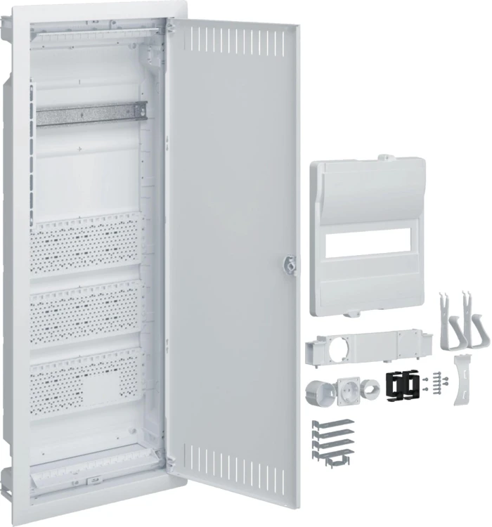 Rozdzielnica hybrydowa podtynkowa, 1 x12modułów, 3x płyta montażowa, 1x gniazdo 230V, HAGER Volta Hy-1855680