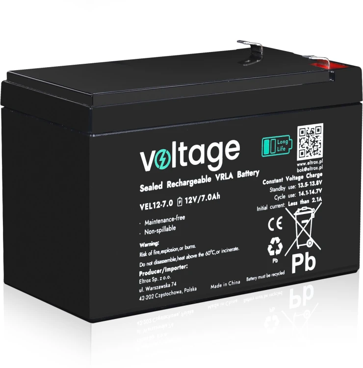 Akumulator AGM Voltage Long Life 12V 7Ah VEL12-7.0 (Żywotność 15 lat)-1943596