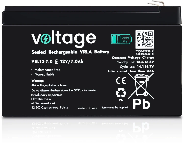 Akumulator AGM Voltage Long Life 12V 7Ah VEL12-7.0 (Żywotność 15 lat)-1943598