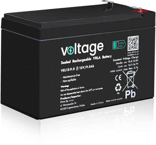 Akumulator AGM Voltage Long Life 12V 9Ah VEL12-9.0 (Żywotność 15 lat)-1943599