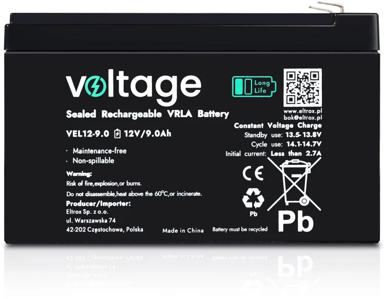 Akumulator AGM Voltage Long Life 12V 9Ah VEL12-9.0 (Żywotność 15 lat)-1943601