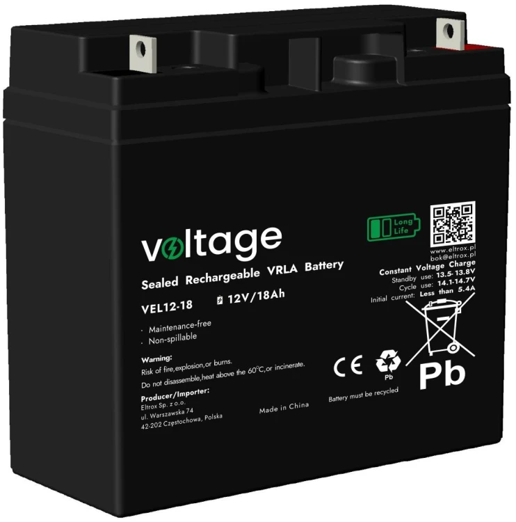 Akumulator AGM Voltage Long Life 12V 18Ah VEL12-18 (Żywotność 15 lat)-1866583