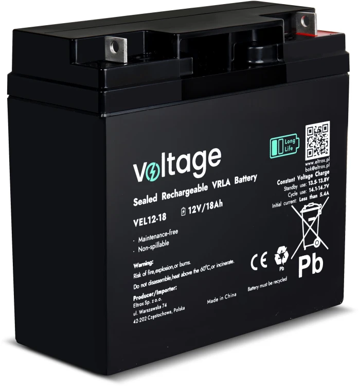 Akumulator AGM Voltage Long Life 12V 18Ah VEL12-18 (Żywotność 15 lat)-1943602