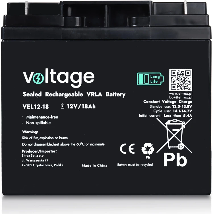 Akumulator AGM Voltage Long Life 12V 18Ah VEL12-18 (Żywotność 15 lat)-1943604