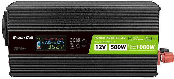 PRZETWORNICA NAPIĘCIA Green Cell PowerInverter LCD 12V / 230V 500W/1000W CZYSTA SINUSOIDA-1909849