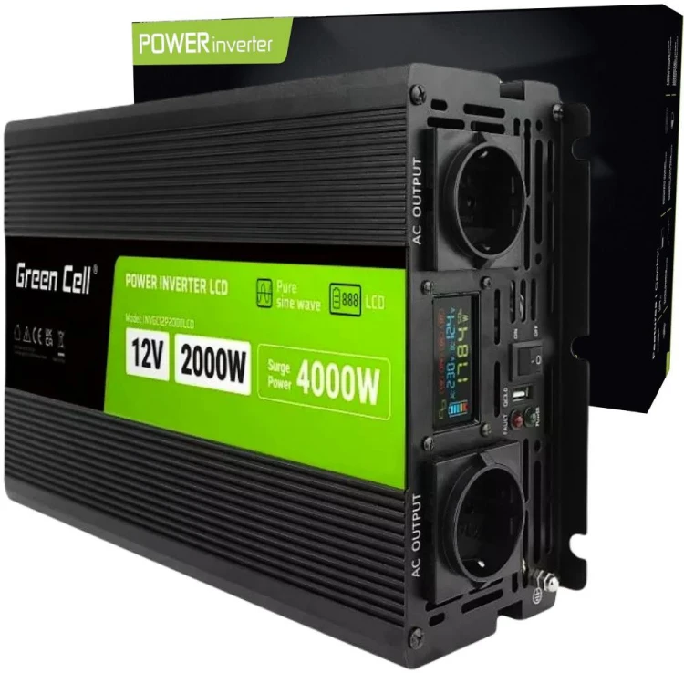 PRZETWORNICA NAPIĘCIA Green Cell PowerInverter LCD 12V / 230V 2000W/4000W CZYSTA SINUSOIDA-1909852