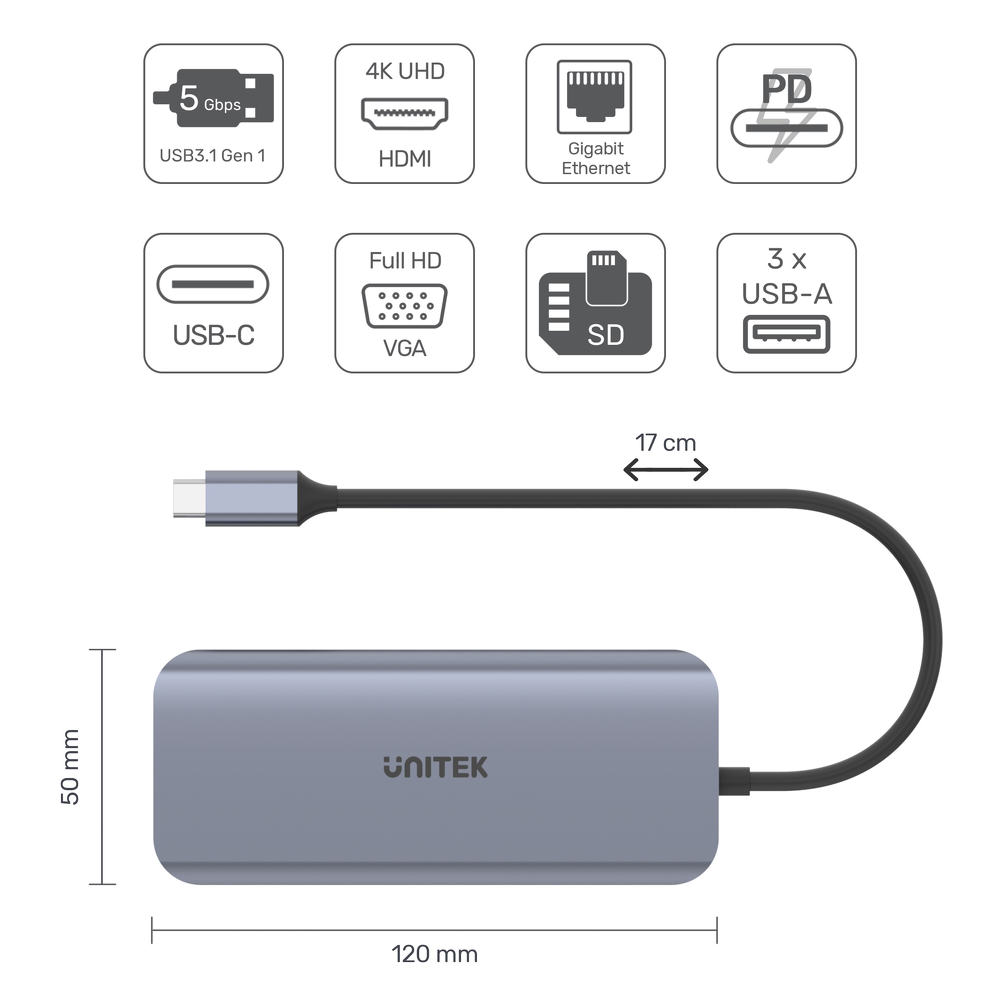 Unitek Hub USB-C 3xUSB 3.1 PD HDMI SD VGA RJ45-1450171