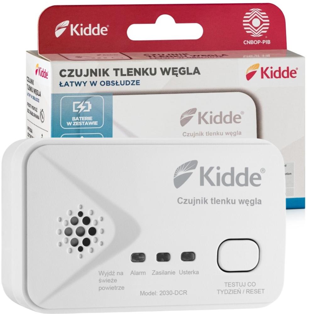 Kidde 2030-DCR – bateryjny czujnik tlenku węgla, widok z przodu z opakowaniem