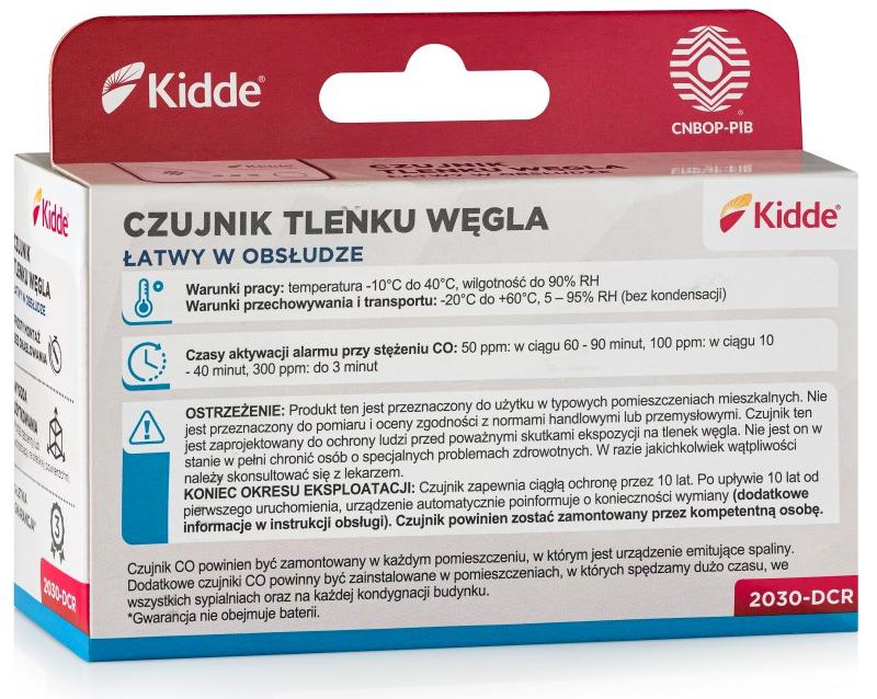 Kidde 2030-DCR – bateryjny czujnik tlenku węgla, widok na opakowanie z tyłu