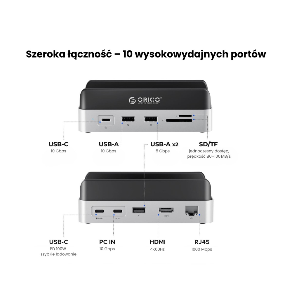 Orico Stacja dokująca do MacMini M4, USB-C 10 Gbps, z obudową M.2 NVMe, pionowa, metalowa-1808347