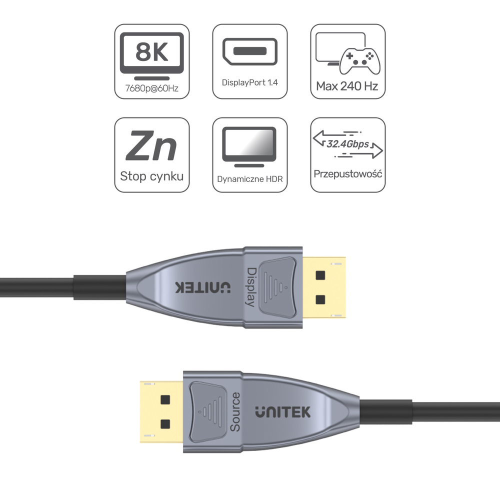 Unitek kabel optyczny DisplayPort 1.4 AOC 8K 5m-1632708