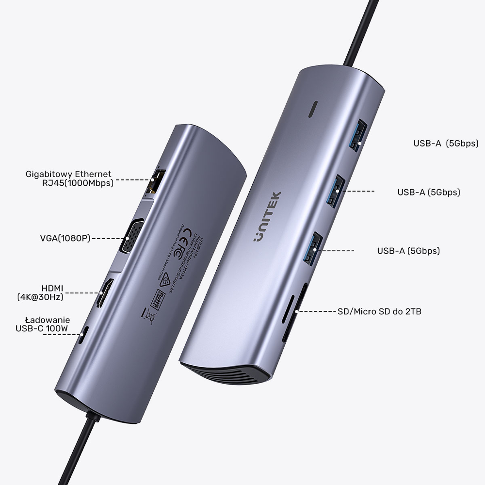 Unitek Hub 9w1 USB C Gigabit Ethernet HDMI VGA 3x USB A czytnik kart PD 100W-1782189