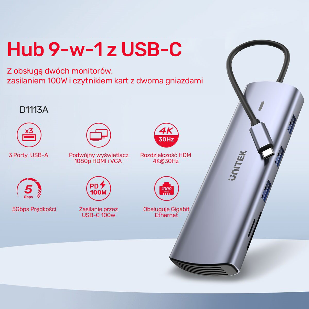 Unitek Hub 9w1 USB C Gigabit Ethernet HDMI VGA 3x USB A czytnik kart PD 100W-1782184