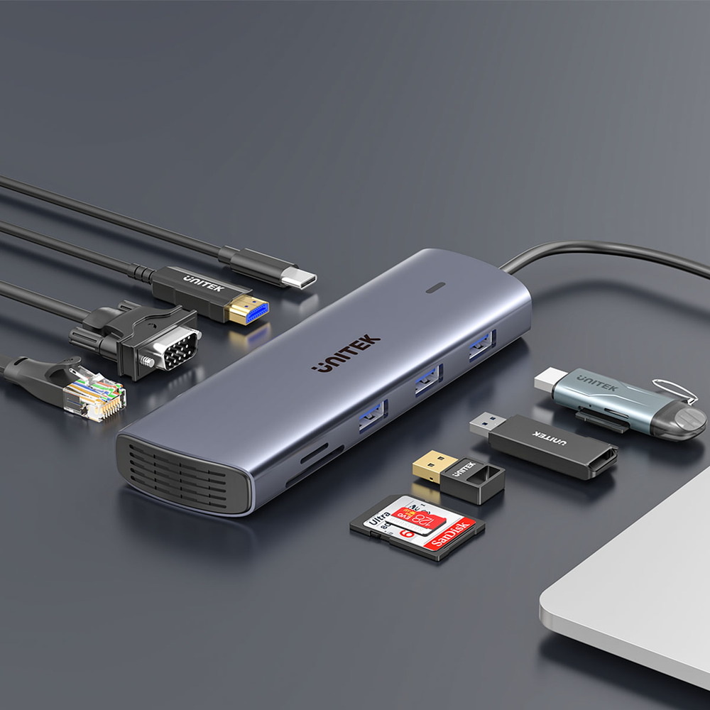 Unitek Hub 9w1 USB C Gigabit Ethernet HDMI VGA 3x USB A czytnik kart PD 100W-1782191